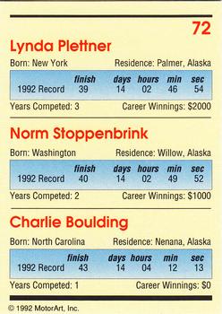 1992 MotorArt Iditarod Sled Dog Race #72 Lynda Plettner / Norm Stoppenbrink / Charlie Boulding Back